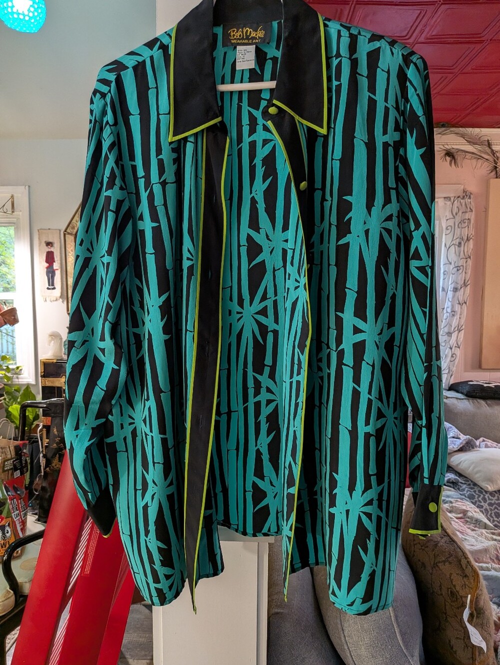 Bob Mackie Teal & Black Bamboo-Print Shirt Jacket 100percent Silk